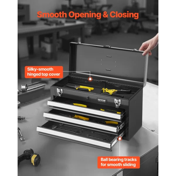 VEVOR 20in 3-Drawer Metal Tool Box Small Black/Red Tool Chest with EVA Liners - Image 4