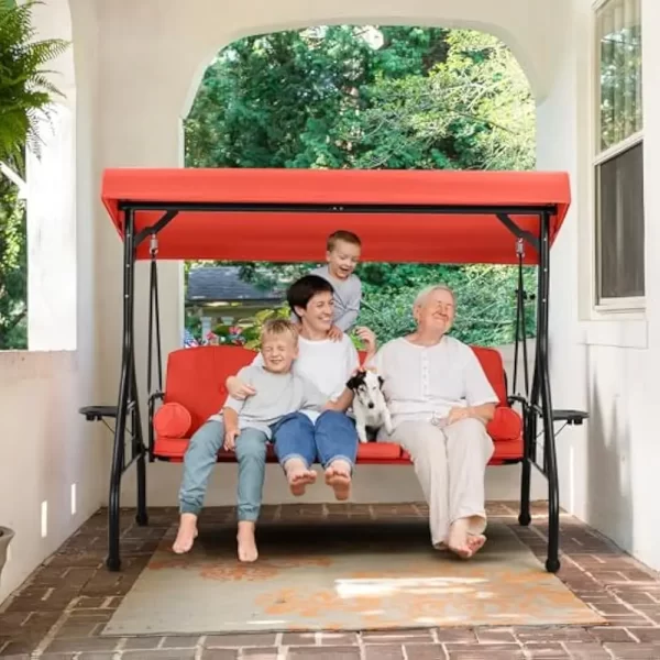 3 Seat Porch Swing W/Adjustable Canopy, Convertible Patio Swings Bed with Stand - Image 10