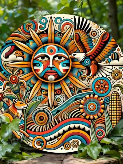 Oaxacan Maya Aztec 8-Inch Round Metal Sign - Bohemian Garden Decor