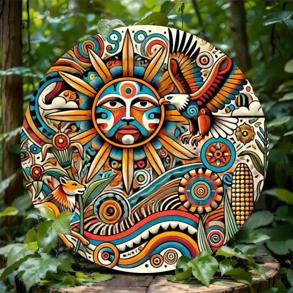 Oaxacan Maya Aztec 8-Inch Round Metal Sign - Bohemian Garden Decor