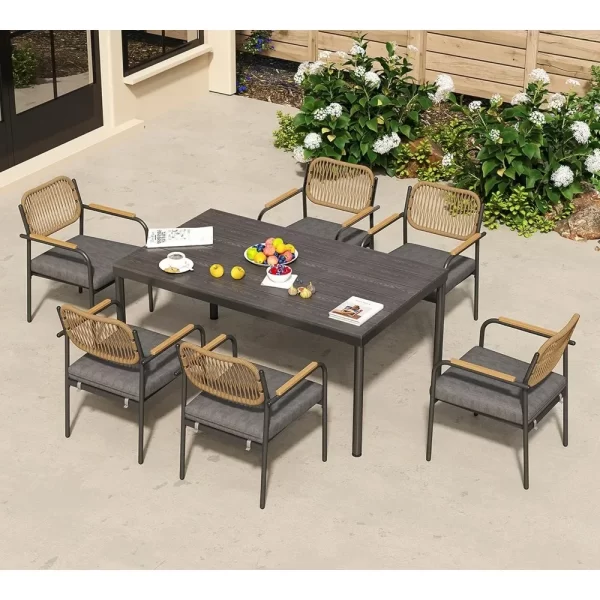 Wicker Outdoor Dining Set for 6, Upholstered 7 Piece Patio Dining Set
