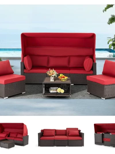 6 Pieces Patio Conversation Sets, Rectangle Wicker Daybed with Canopy