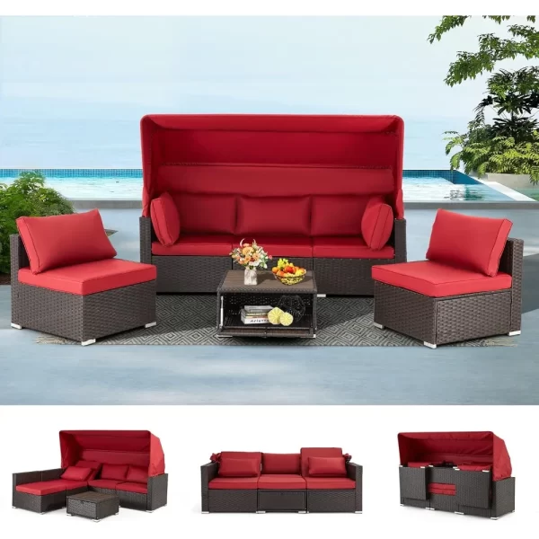 6 Pieces Patio Conversation Sets, Rectangle Wicker Daybed with Canopy