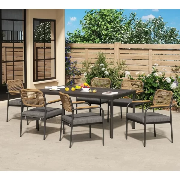 Wicker Outdoor Dining Set for 6, Upholstered 7 Piece Patio Dining Set - Image 3