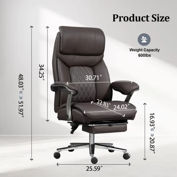 Big and Tall Office Chair 600 lbs Extra Wide Leather Luxury Executive Chair with Retractable Footrest - Image 2