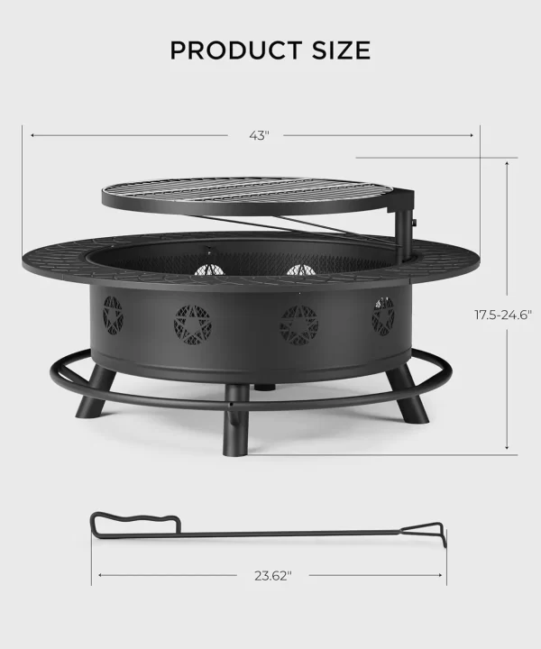 43 Inch Fire Pit with BBQ Grill,  for Outside with Lid & Poker - Image 8