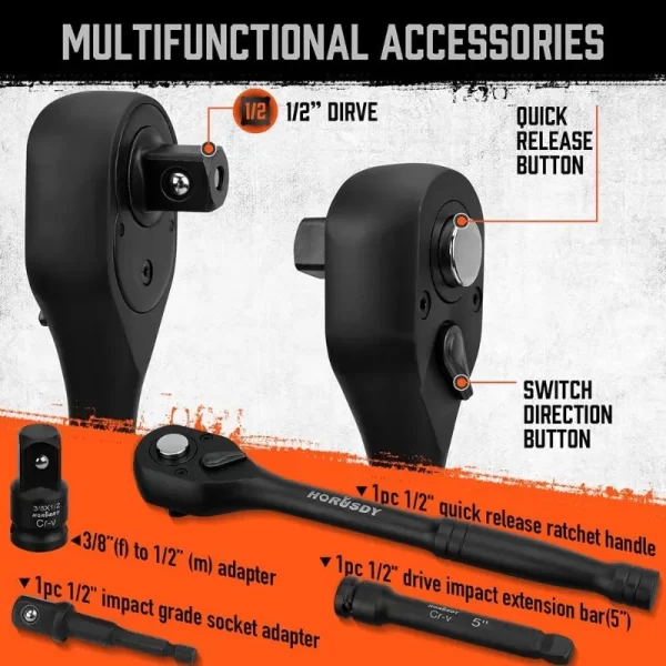 1/2" Drive Impact Socket Set, 24-Piece Shallow Standard SAE (7/16"-1") and Metric (13-24mm) Size, 6 Point - Image 6