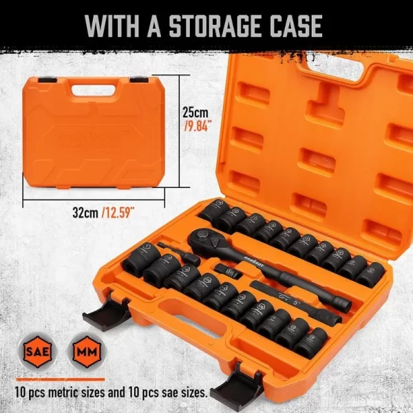 1/2" Drive Impact Socket Set, 24-Piece Shallow Standard SAE (7/16"-1") and Metric (13-24mm) Size, 6 Point - Image 4