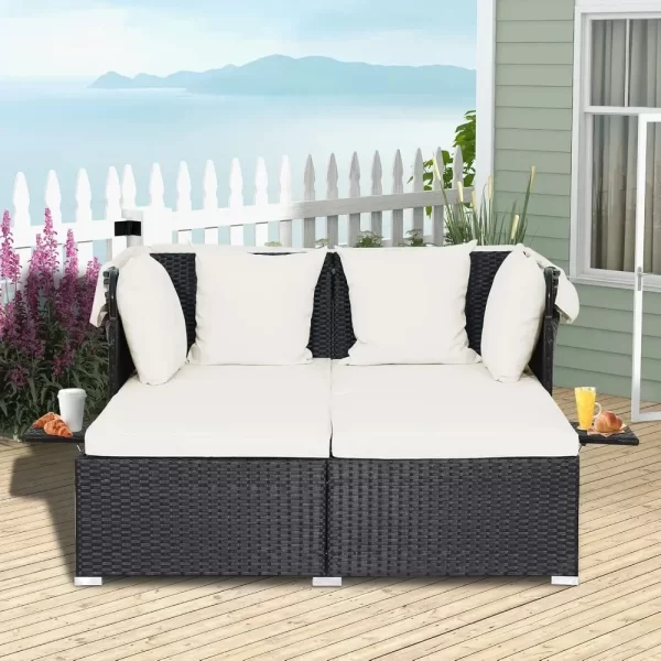 Outdoor Daybed, 2-Person Wicker Chaise Lounge with Retractable Canopy, Cushions & Pillows - Image 6