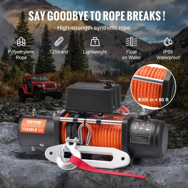 VEVOR 13500lbs Electric Winch with 80ft Synthetic Rope Wireless & Wired Remote Control - Image 4