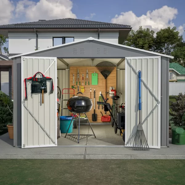 10 x 10 FT Outdoor Storage Shed, Large Metal Tool Sheds with Updated Frame Structure and Lockable Doors, Garden Shed, Grey - Image 5
