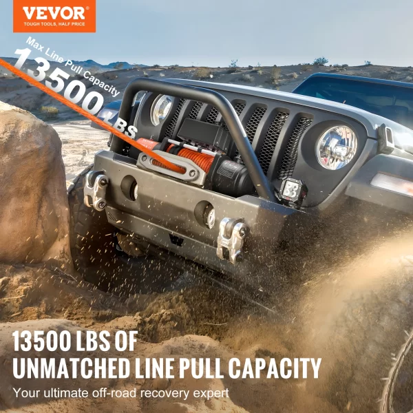 VEVOR 13500lbs Electric Winch with 80ft Synthetic Rope Wireless & Wired Remote Control - Image 2