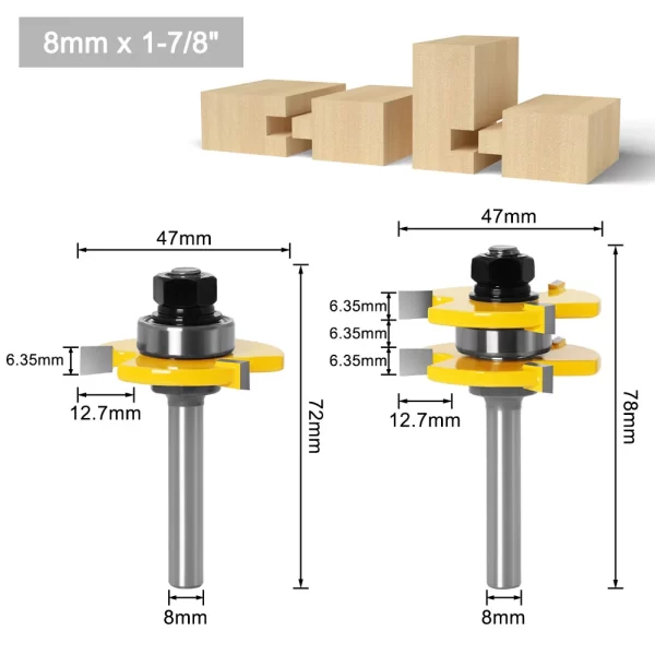 2PCS  1-7/8" T&G ASSEMBLY 3 Teeth Tenon Square Tooth Floor Splicing Cutter Router Bits - Image 8
