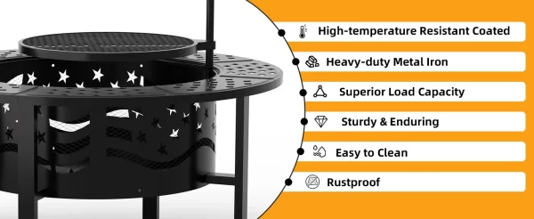 42" Outdoor Fire Pit with 2 Grills - Wood Burning Firepit for Outside with Cover & Poker - Image 9