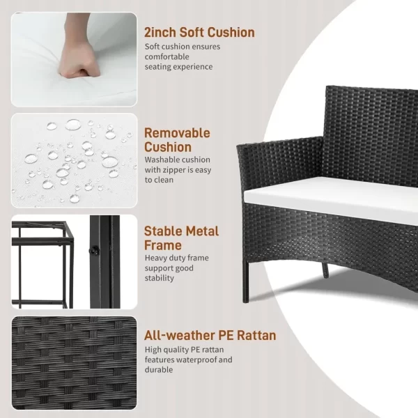 4 Pieces Patio Furniture Set, Rattan Conversation Sets with Loveseat Soft Cushion and Glass Table - Image 2