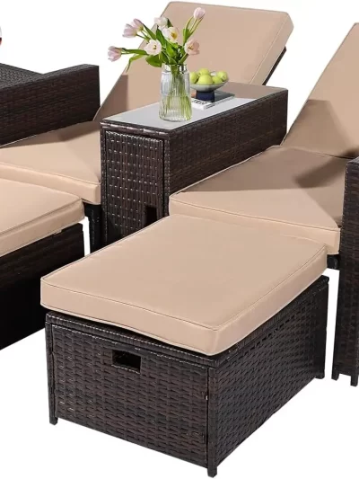 5PCS Wicker Chaise Lounge Set w/Ottoman & Table - Adjustable Recliners for Patio