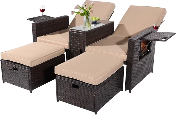 5PCS Wicker Chaise Lounge Set w/Ottoman & Table - Adjustable Recliners for Patio
