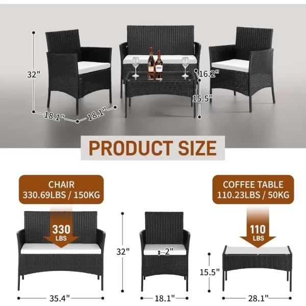 4 Pieces Patio Furniture Set, Rattan Conversation Sets with Loveseat Soft Cushion and Glass Table - Image 6