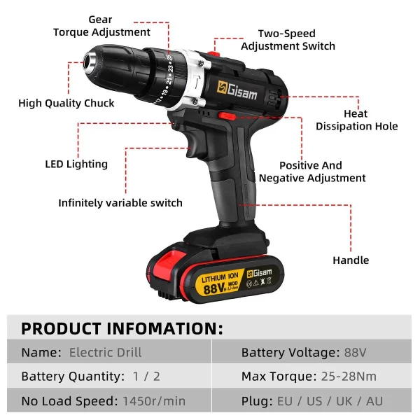 21V Cordless Impact Drill Electric Screwdriver Electric Hammer Drill - Image 2