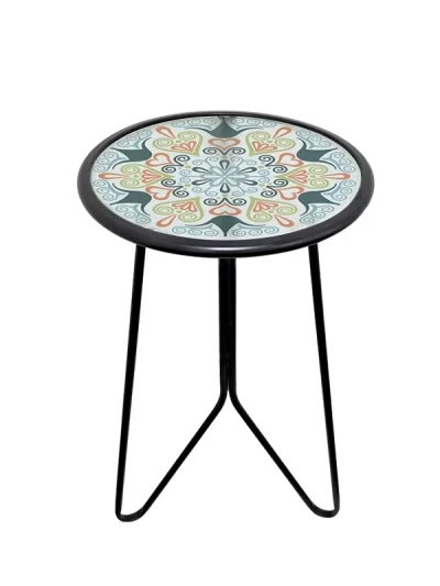 12" Metal Glass UV Printed Table for Home Indoor Decorative Coffee Table Outdoor
