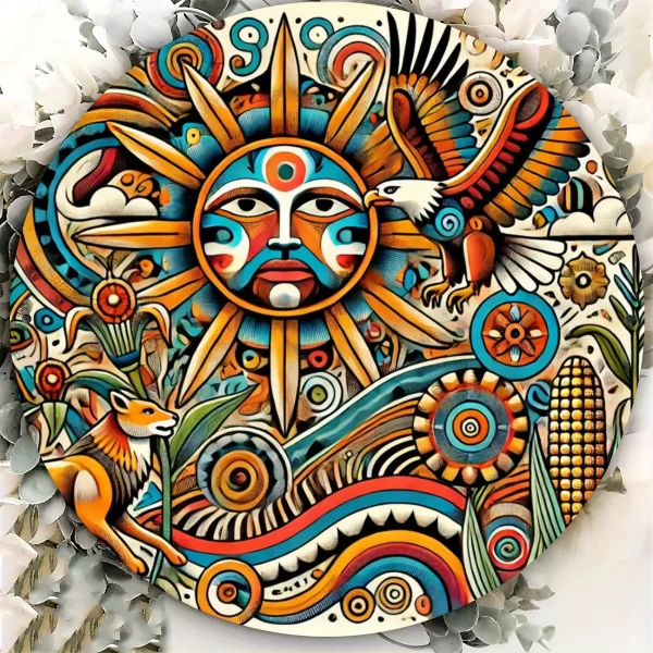 Oaxacan Maya Aztec 8-Inch Round Metal Sign - Bohemian Garden Decor - Image 5