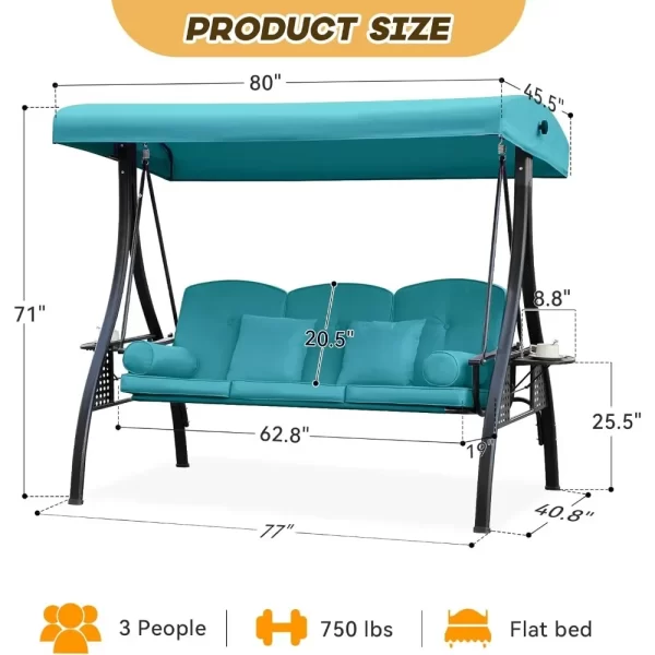 Outdoor Porch Swing with Adjustable Canopy, 3 Seat Outdoor Swing - Image 2