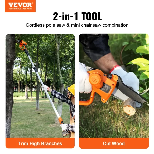 VEVOR 2-in-1 Cordless Pole Saw Mini 20V Pole Chainsaw 5" Cutting Capacity 8 ft Reach - Image 2