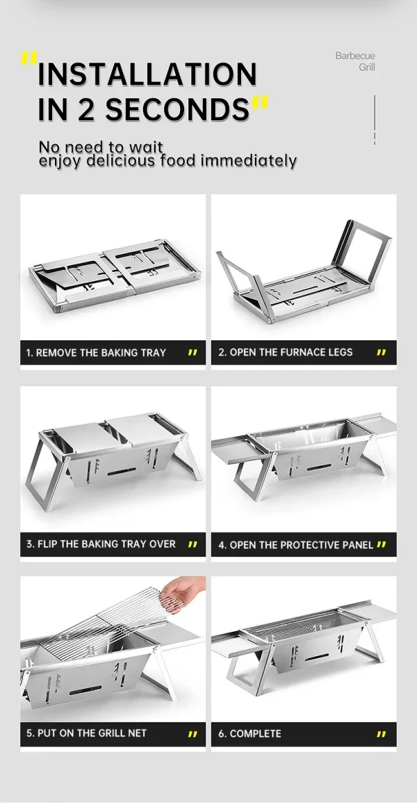 Outdoor Folding Barbecue Grill, 304 Stainless Steel Portable Folding Charcoal Oven - Image 11