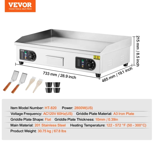 VEVOR 26/30 inch Commercial Electric Countertop Griddle Flat Top Griddle 2800W 122℉-572 ℉ - Image 7
