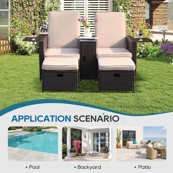 5PCS Wicker Chaise Lounge Set w/Ottoman & Table - Adjustable Recliners for Patio - Image 7