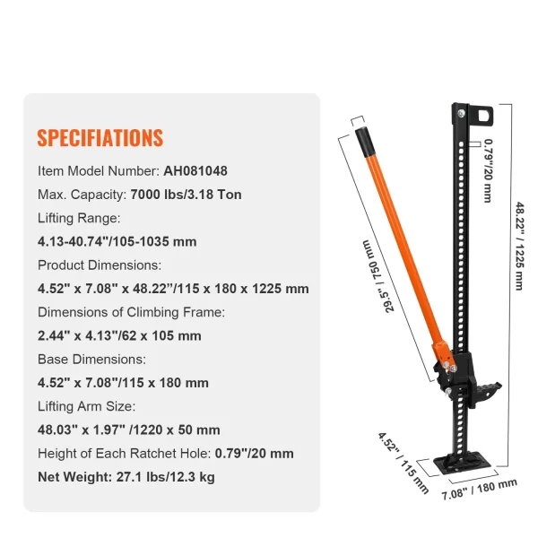 High Lift Farm Jack, Utility Farm Jack, 7000 Lbs Capacity Ratcheting - Image 7