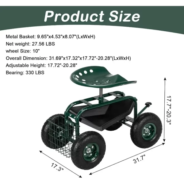 Rolling Work Seat with Adjustable 360 Degree Swivel Seat - Image 3