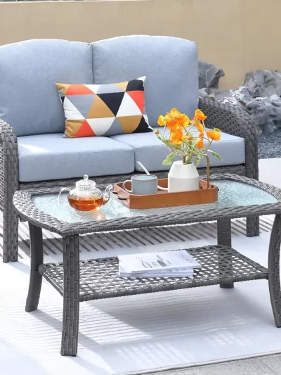 2 Pieces Patio Furniture Set, Outdoor Wicker Sofa with Glass Coffee Table