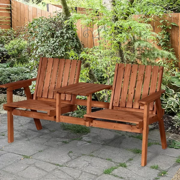 Patio Bench, With Middle Table And Umbrella Hole, Wooden Outdoor Bench - Image 2