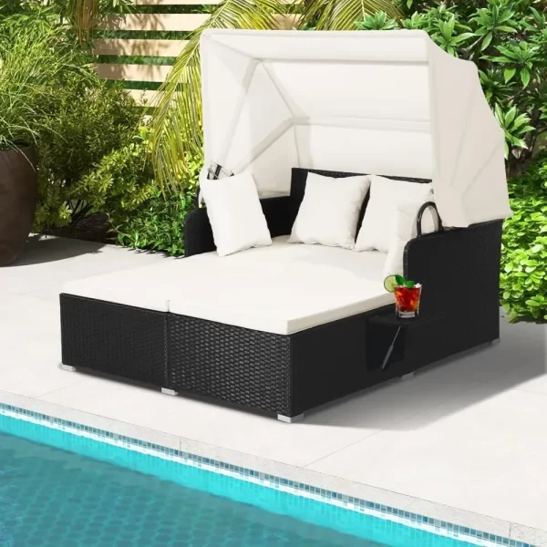 Outdoor Daybed, 2-Person Wicker Chaise Lounge with Retractable Canopy, Cushions & Pillows - Image 3
