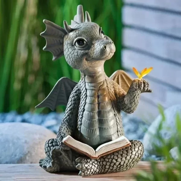 Solar Powered Outdoor Garden Dragon Statue Lovely Meditation Resin Crafts - Image 26