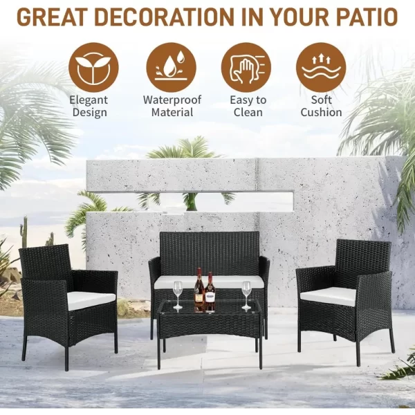 4 Pieces Patio Furniture Set, Rattan Conversation Sets with Loveseat Soft Cushion and Glass Table - Image 4