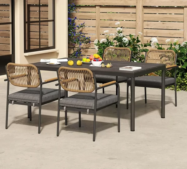 Wicker Outdoor Dining Set for 6, Upholstered 7 Piece Patio Dining Set - Image 7
