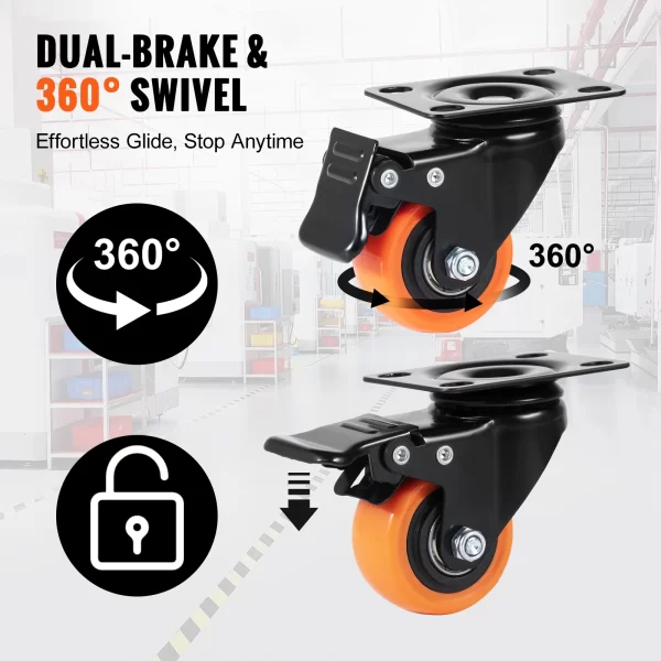 VEVOR 2/3/4/5/6-inch Swivel Plate Casters Set of 4 with Security Dual Locking - Image 3
