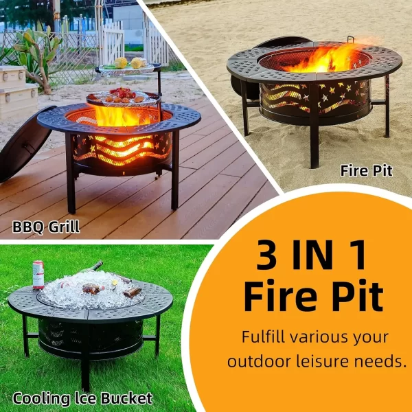 42" Outdoor Fire Pit with 2 Grills - Wood Burning Firepit for Outside with Cover & Poker - Image 4