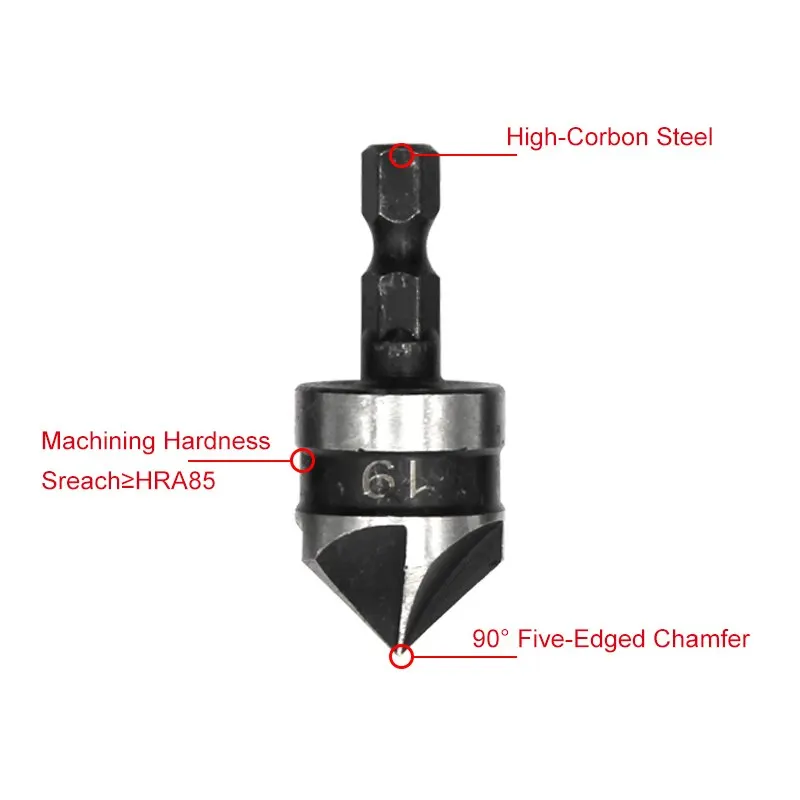3PC Hexagonal Shank 90 Degree Black Five Blade Chamferer Countersink - Image 11