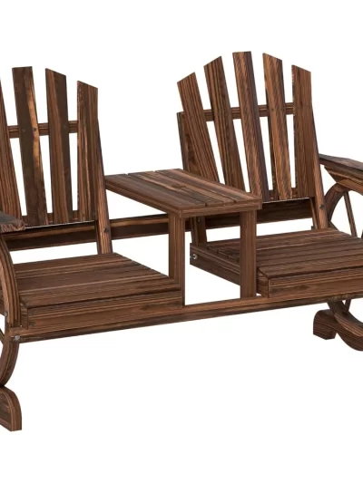 Wooden Garden Bench with Table, Umbrella Hole, 2-Seat Wagon Wheel Outdoor Bench
