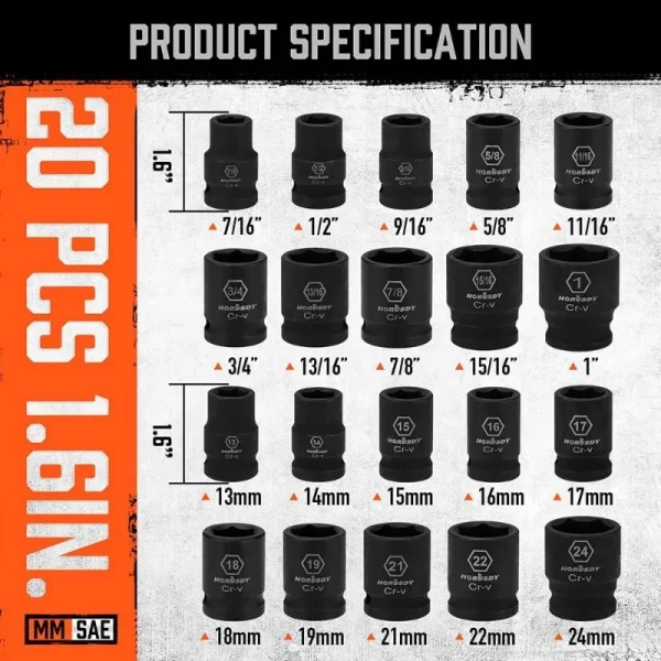 1/2" Drive Impact Socket Set, 24-Piece Shallow Standard SAE (7/16"-1") and Metric (13-24mm) Size, 6 Point - Image 5