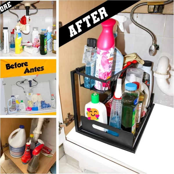 Under Sink Organizers and Storage 2 Tier Slide Out Kitchen Cabinet Organizer Sturdy Metal Bathroom Storage - Image 14