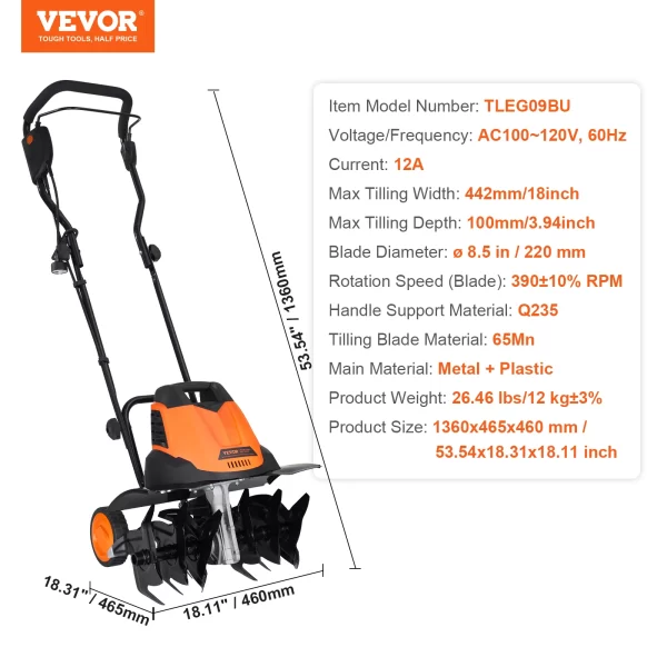VEVOR 12 Amp Electric Tiller, 18" Tilling Width 3.94" - Image 7