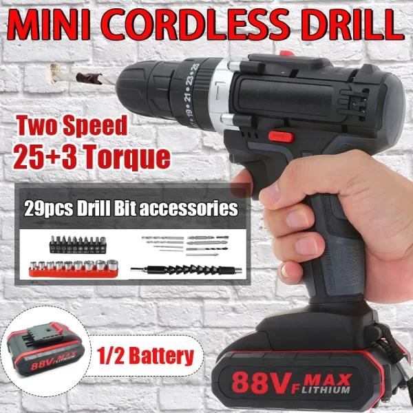 Gisam 88VF Electric Impact Drill Cordless Electric Screwdriver Drill Rechargeable Lithium Battery 2 Speeds Household Power Tools - Image 9