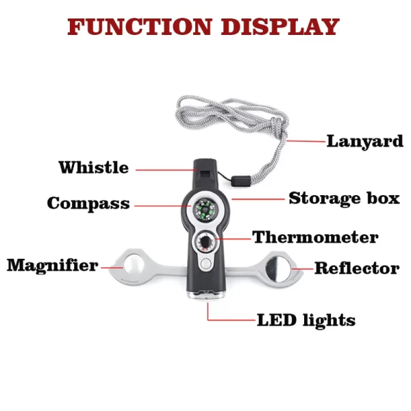 7 in 1  Survival Emergency Tool Whistle Compass Thermometer Magnifier Flashlight - Image 2