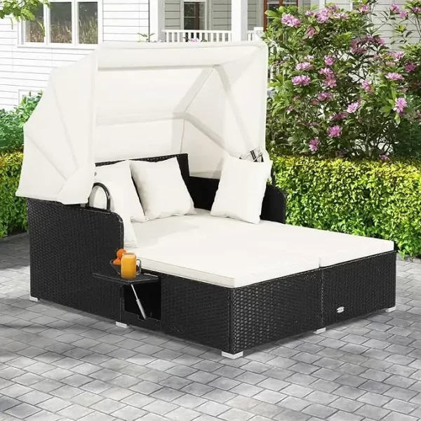 Outdoor Daybed, 2-Person Wicker Chaise Lounge with Retractable Canopy, Cushions & Pillows - Image 7