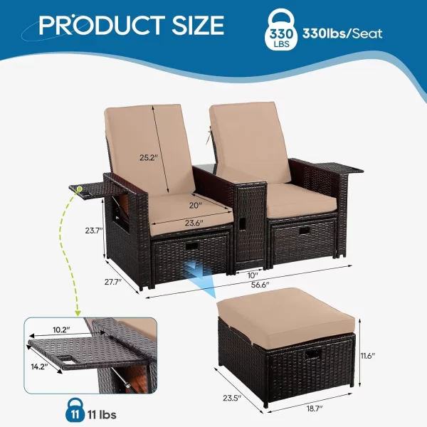 5PCS Wicker Chaise Lounge Set w/Ottoman & Table - Adjustable Recliners for Patio - Image 2