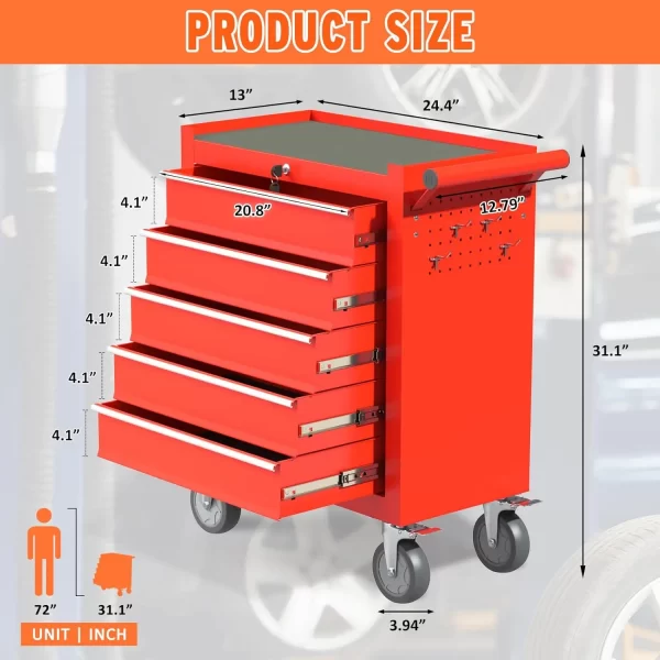5 Drawers Tool Chest with Wheels, Metal Rolling Tool Box with Drawers, Large Capacity Tool Storage Cabinet with Keyed Locking, - Image 3